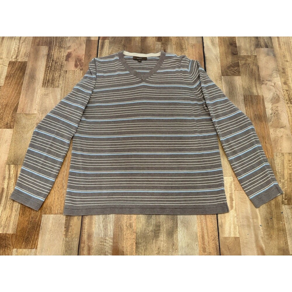 Merona Men’s Striped Sweater Pullover Brown Blue Crew Neck Long Sleeve Size L